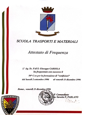 Corso per la formazione di Artificieri, Scuola Trasporti e Materiali, 1996